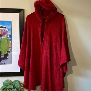 Vintage Red Fur Trim Poncho Shawl